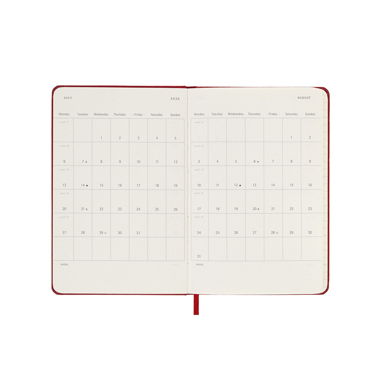 2026 Weekly Notebook Diary Hard Cover Pocket Scarlet Red