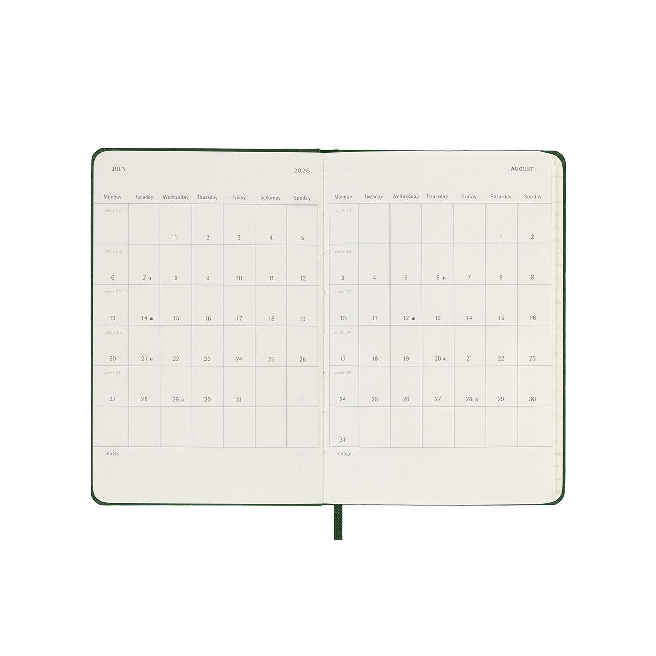 2026 Weekly Notebook Diary Hard Cover Pocket Myrtle Green