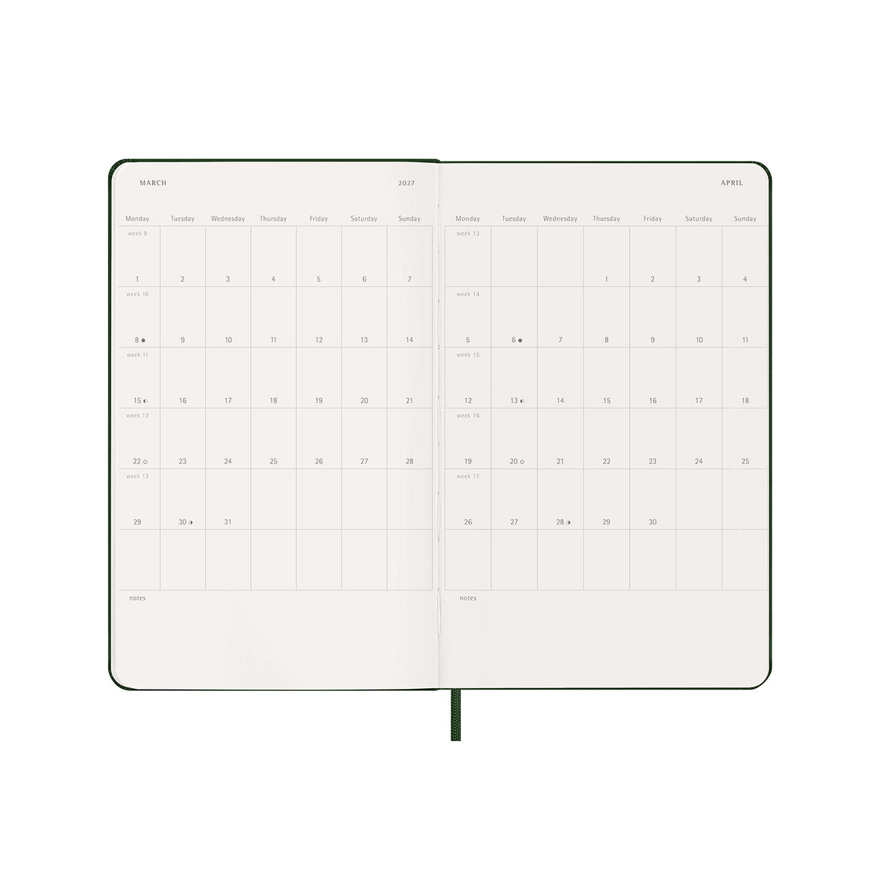 2027 Weekly Notebook Diary Hard Cover Large Myrtle Green